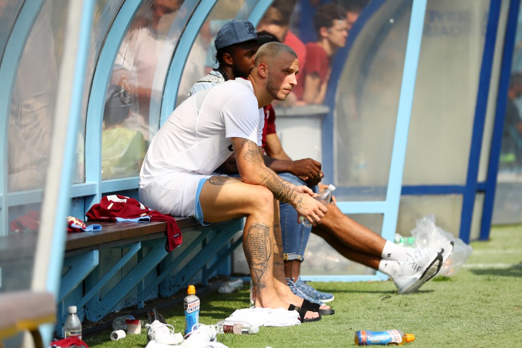 HIGH WYCOMBE, ENGLAND - JULY 14: Marko Arnautovic looks on from the bench during the pre-season friendly match between Wycombe Wanderers and West Ham United at Adams Park on July 14, 2018 in High Wycombe, England. (Photo by Dan Istitene/Getty Images)