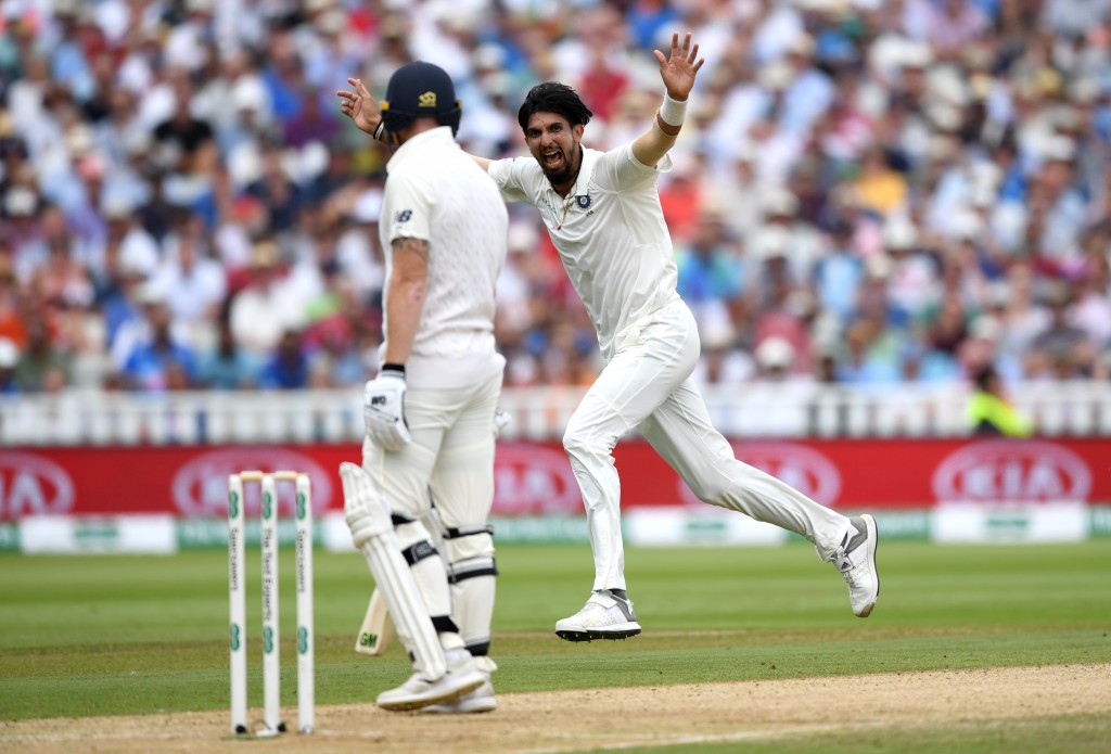 BIRMINGHAM, ENGLAND - AUGUST 03: Ishant Sharma of India celebrates dismissing Ben Stokes of England during day three of Specsavers 1st Test match between England and India at Edgbaston on August 3, 2018 in Birmingham, England. (Photo by Gareth Copley/Getty Images)