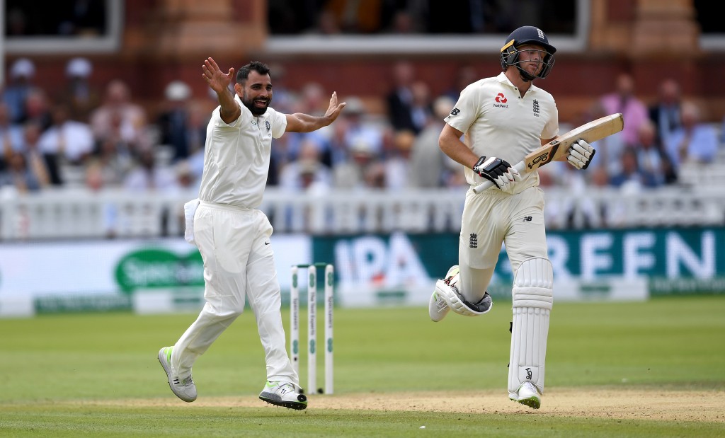 LONDON, ENGLAND - AUGUST 11: Mohammed Shami of India successfully appeals for the wicket of Jos Buttler of England during day three of the 2nd Specsavers Test between England and India at Lord's Cricket Ground on August 11, 2018 in London, England. (Photo by Gareth Copley/Getty Images)