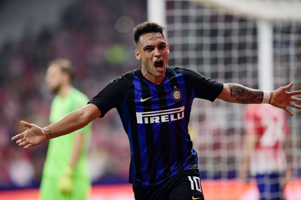 Inter Milan's Argentinian forward Lautaro Martinez celebrates after scoring a goal during the International Champions Cup football match Club Atletico de Madrid vs Inter Milan at the Wanda Metropolitano stadium in Madrid on August 11, 2018. (Photo by JAVIER SORIANO / AFP) (Photo credit should read JAVIER SORIANO/AFP/Getty Images)