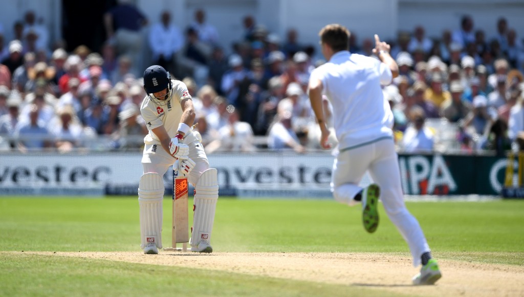 NOTTINGHAM, ENGLAND - JULY 17: England captain Joe Root is bowled by Chris Morris of South Africa during day four of the 2nd Investec Test match between England and South Africa at Trent Bridge on July 17, 2017 in Nottingham, England. (Photo by Gareth Copley/Getty Images)