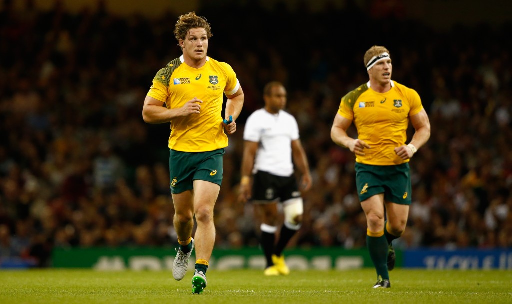 Michael Hooper (l) and Pocock in action during the 2015 Rugby World Cup against Fiji 