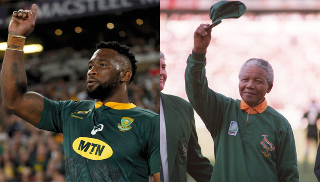 The famous No6 jersey: Siya Kolisi (l) and Nelson Mandela.