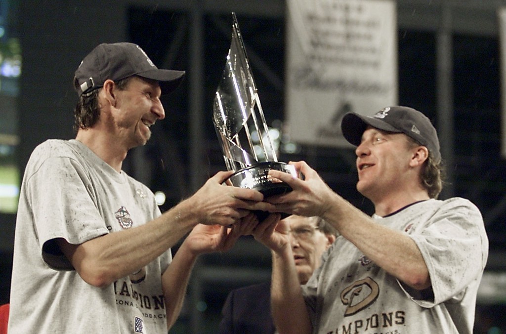 World Series co-MVPs Arizona Diamondbacks pitchers Randy Johnson (L) and Curt Schilling