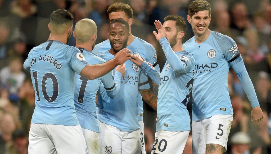 Sterling celebrates one of two goals in a City romp.