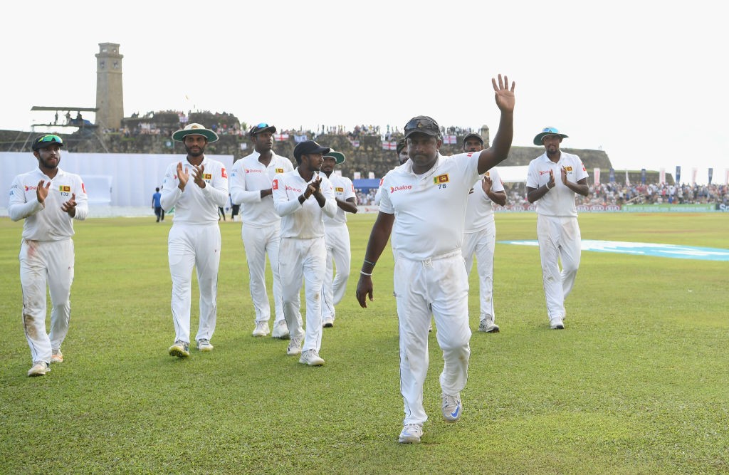 Sri Lanka bowler Rangana Herath leaves the pitch as a bowler for the final time 