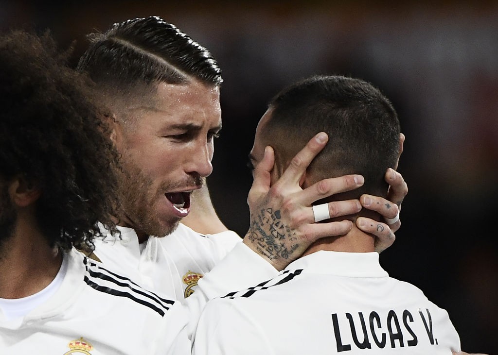 Real Madrid's Sergio Ramos (L) celebrates with Lucas Vazquez 