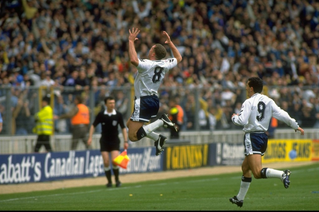 1991: Paul Gascoigne #8 of Tottenham Hotspur celebrates his 35 yard goal during the FA Cup Semi-Final against Arsenal at Wembley Stadium in London. Tottenham Hotspur won the match 3-1. Mandatory Credit: Simon Bruty/Allsport
