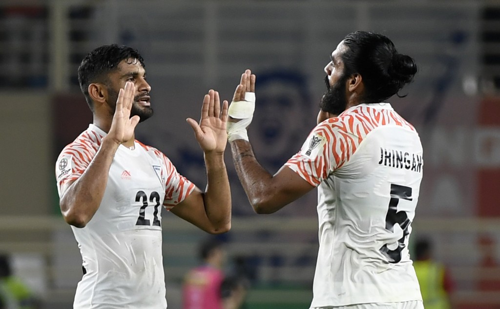 India defenders Sandesh Jhingan (r) celebrates with India's defender Anas Edathodika 