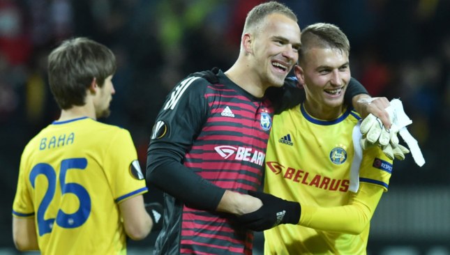 BATE goalkeeper Denis Scherbitski and defender Zakhar Volkov celebrate a famous win.
