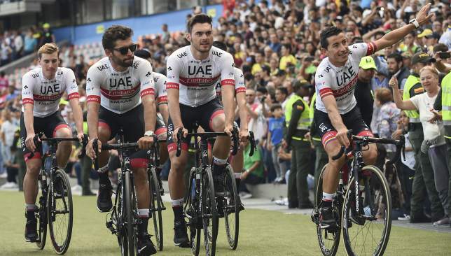 Gaviria (2nd l) with team-mates in the team presentation ahead of the Tour Colombia.