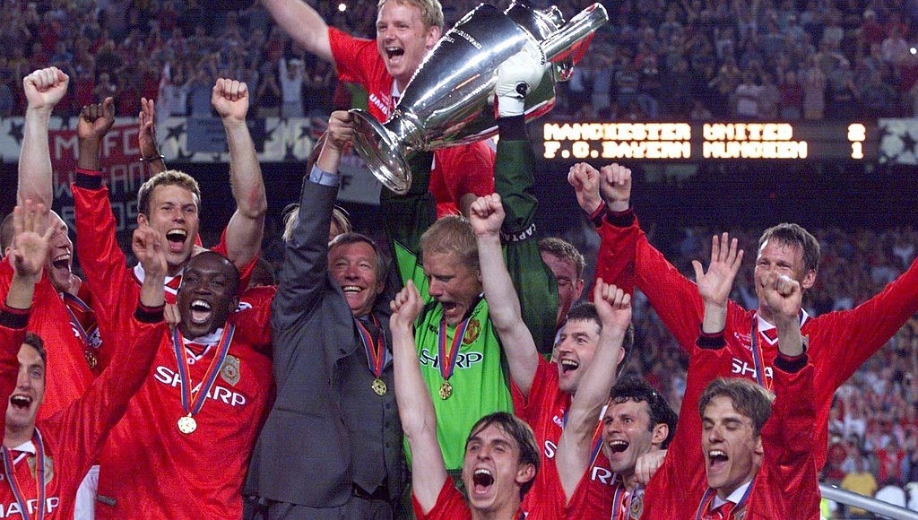 European kings: Manchester United completed the historic treble wearing Umbro kits