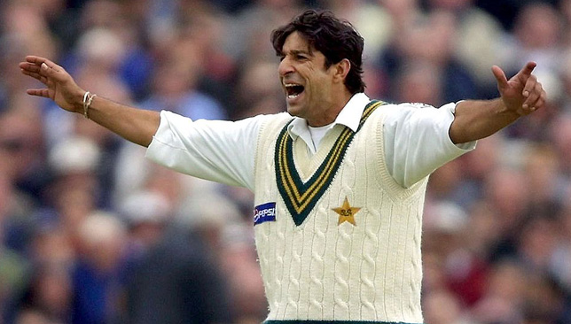 Pakistan`s bowler Wasim Akram celebrates the runou