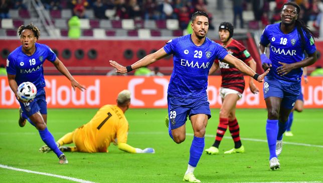 Salem Al Dawsari (c) celebrates his goal versus Flamengo at the 2019 Club World Cup.