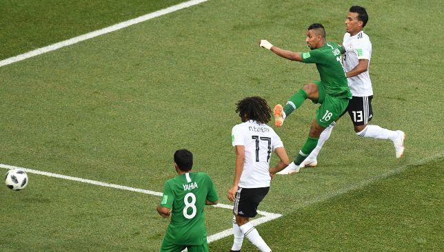Salem Al Dawsari (2nd r) nets against Egypt at World Cup 2018.